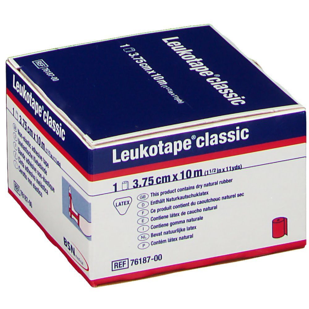 Boîte de Leukotape® classic, 3,75 cm x 10 m. Contient du caoutchouc naturel sec. BSN medical.