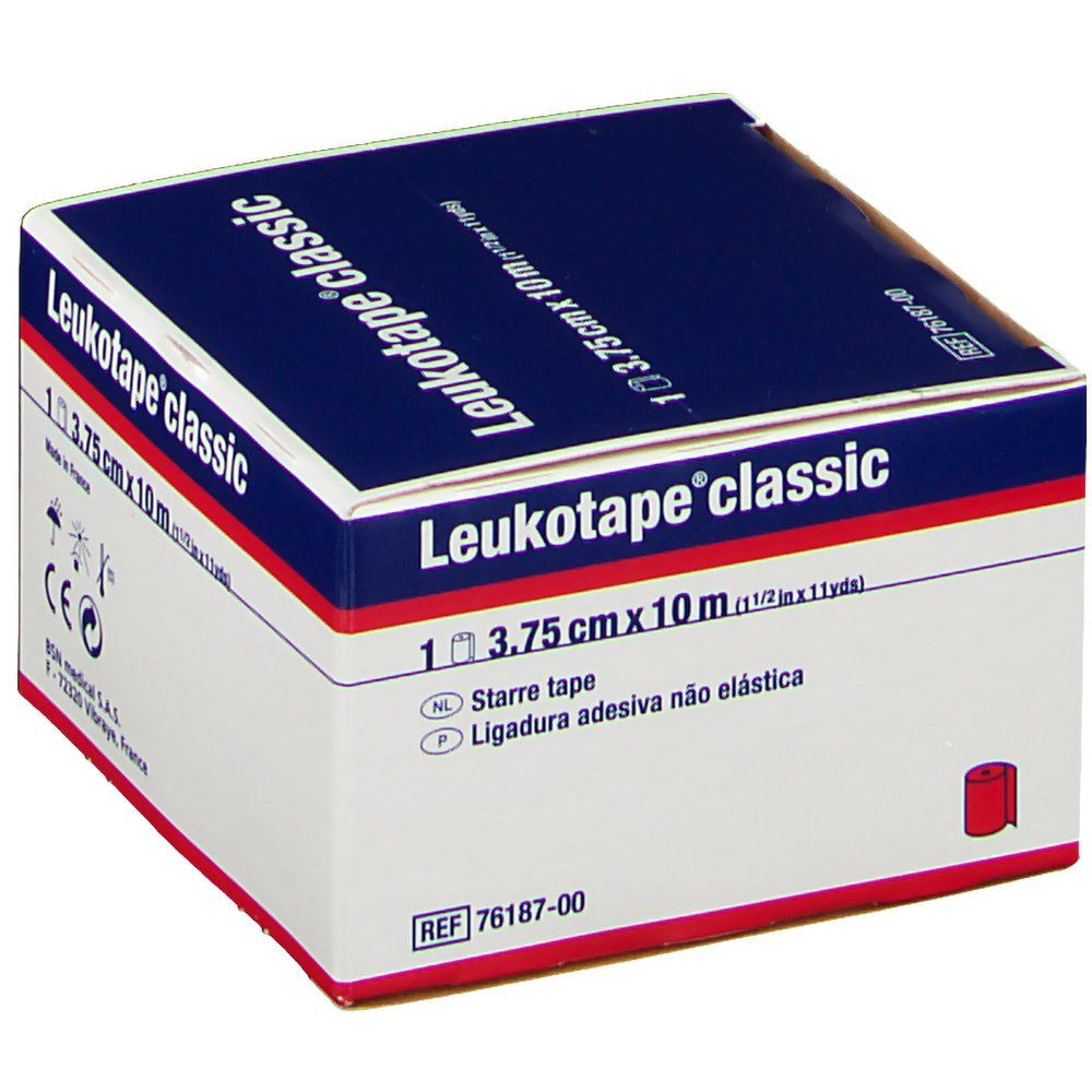 Boîte de Leukotape® classic, 3,75 cm x 10 m. Inscription: Bande adhésive non-élastique. BSN medical.