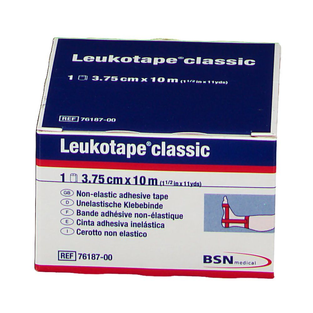 Boîte de Leukotape® classic, 3,75 cm x 10 m. Inscription: Bande adhésive non-élastique. BSN medical.