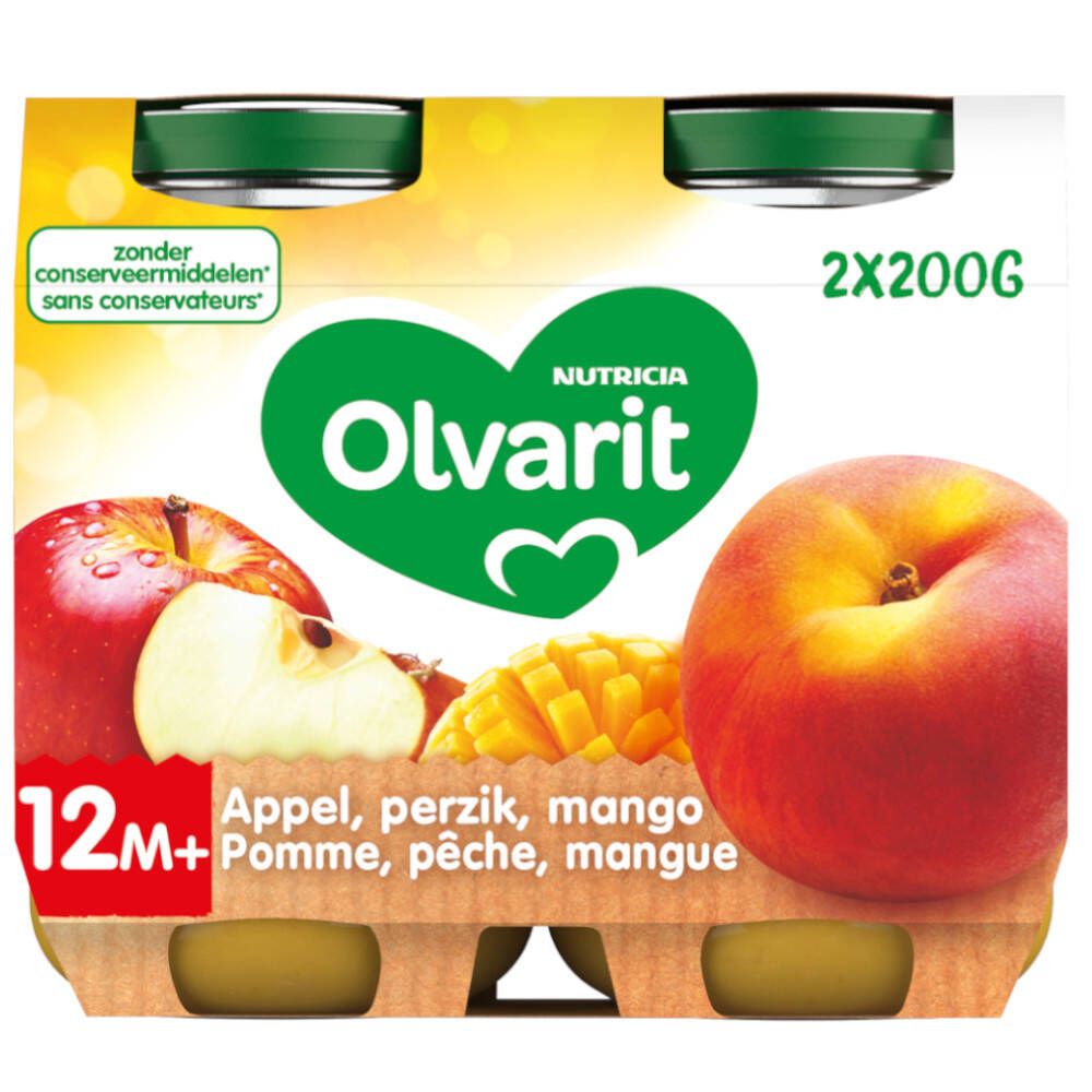 Bocaux Olvarit pomme, pêche, mangue. 2x200g. Emballage avec fruits et informations produit. Sans conservateurs.