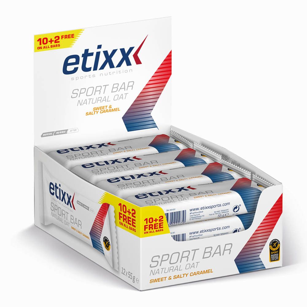Boîte de barres énergétiques Etixx avec emballage ouvert. Inscription: Natural Oat, Sweet & Salty Caramel. 10+2 gratuits.