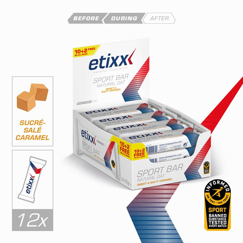 Boîte de barres énergétiques Etixx avec emballage ouvert. Inscription: Natural Oat, Sweet & Salty Caramel. 12x55g.