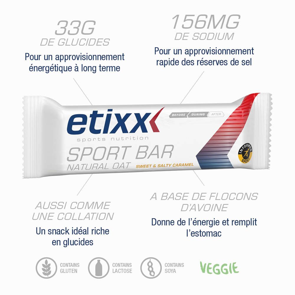 Barre énergétique Etixx. Barre individuelle avec informations. Inscription: Natural Oat, Sweet & Salty Caramel. Valeurs nutritionnelles.