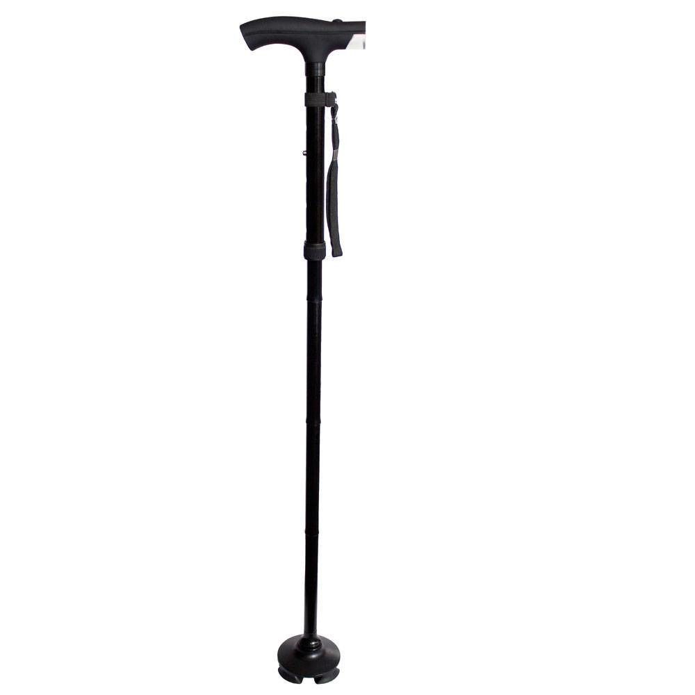 Canne de marche noire pliable avec poignée en T et lampe LED. Pied à quatre pattes pour la stabilité. Dragonne.