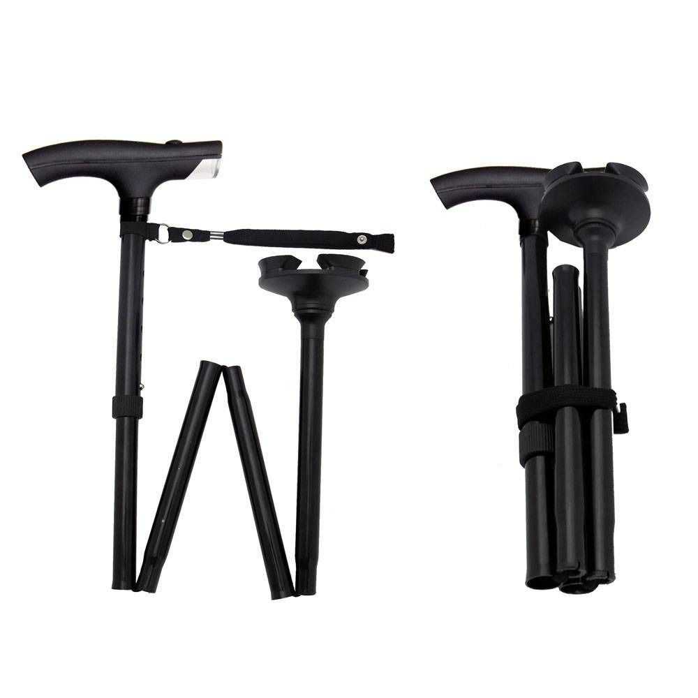 Canne de marche pliable à différents stades. Pièces individuelles et forme pliée. Couleur noire.
