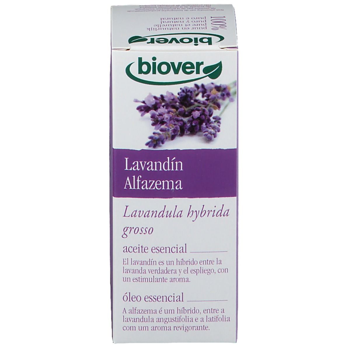 Emballage du produit. Boîte avec illustration de lavande et texte. Marque : biover. Contient de l'huile essentielle.