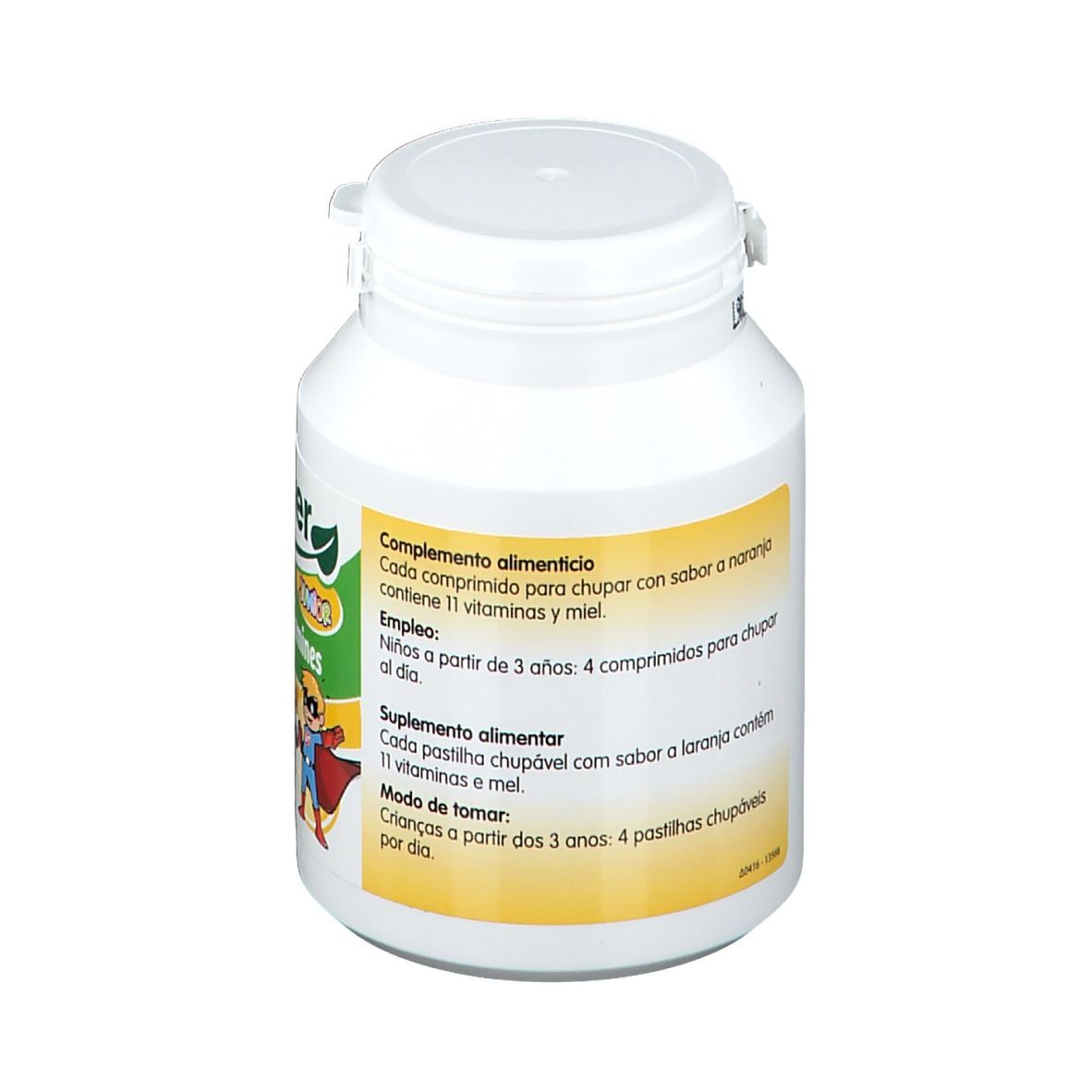 Flacon blanc avec étiquette jaune. Texte en espagnol. Contient 11 vitamines et miel. Pour enfants dès 3 ans.