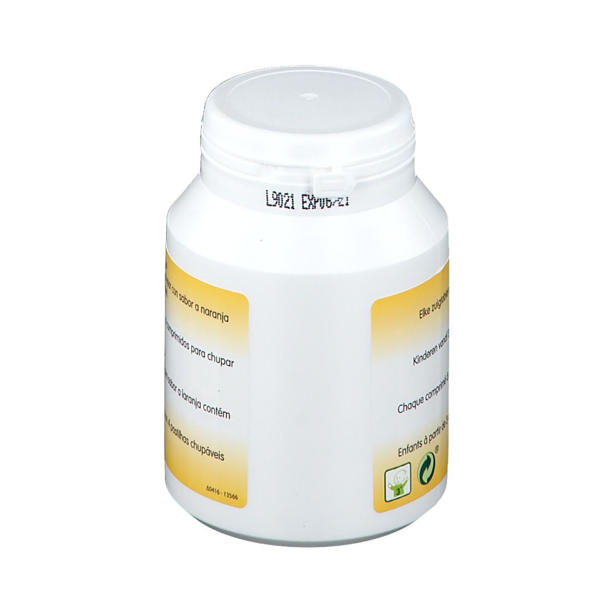 Flacon blanc avec étiquette jaune. Texte en espagnol. Contient 11 vitamines et miel. Date de péremption.