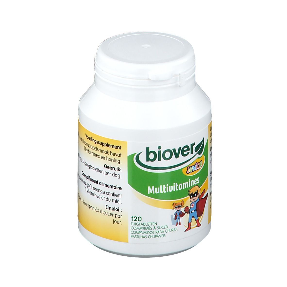 Flacon blanc avec étiquette jaune. Biover Junior Multivitamines. 120 comprimés. Pour enfants dès 3 ans.