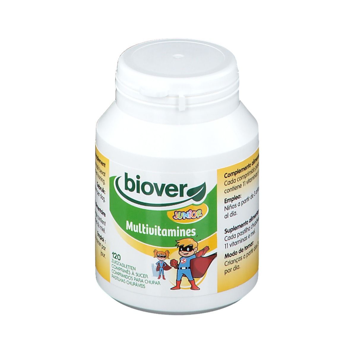 Flacon blanc avec étiquette jaune. Biover Junior Multivitamines. 120 comprimés. Pour enfants dès 3 ans.