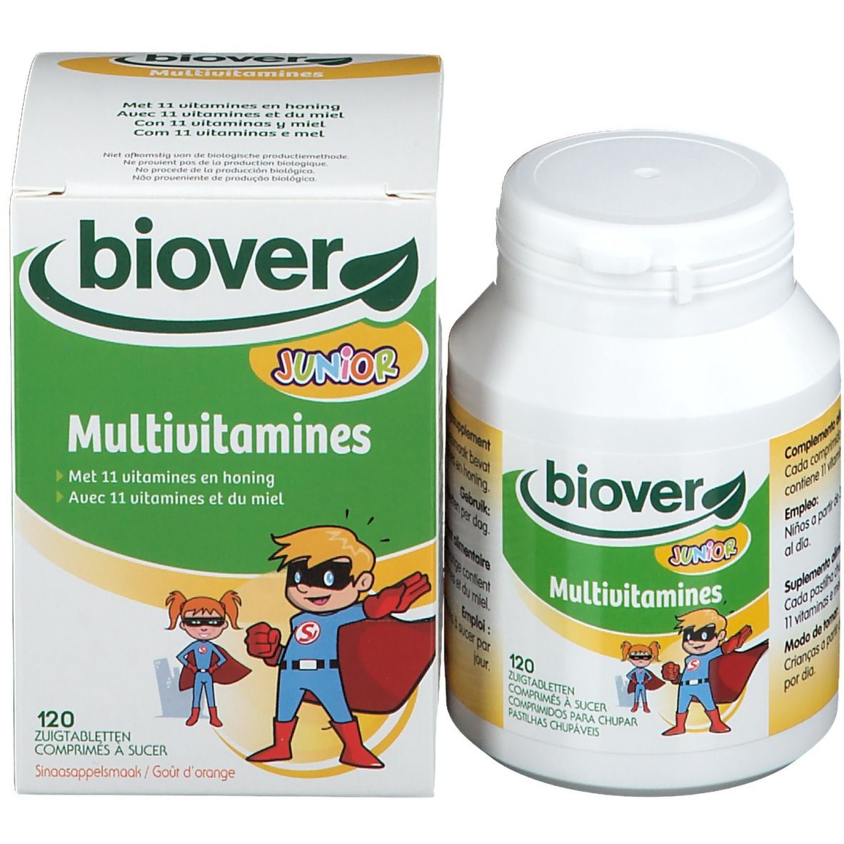 Biover Junior Multivitamines, 120 comprimés. Flacon et boîte blancs. Contient 11 vitamines et miel.