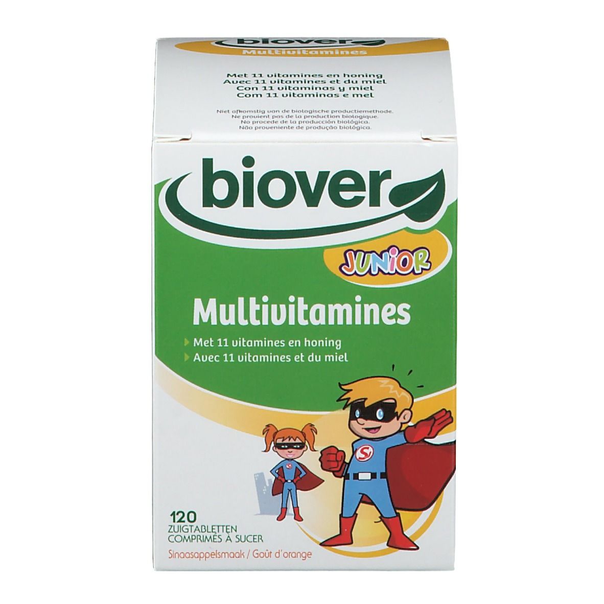 Biover Junior Multivitamines, boîte. Contient 11 vitamines et miel. 120 comprimés. Illustration enfants.