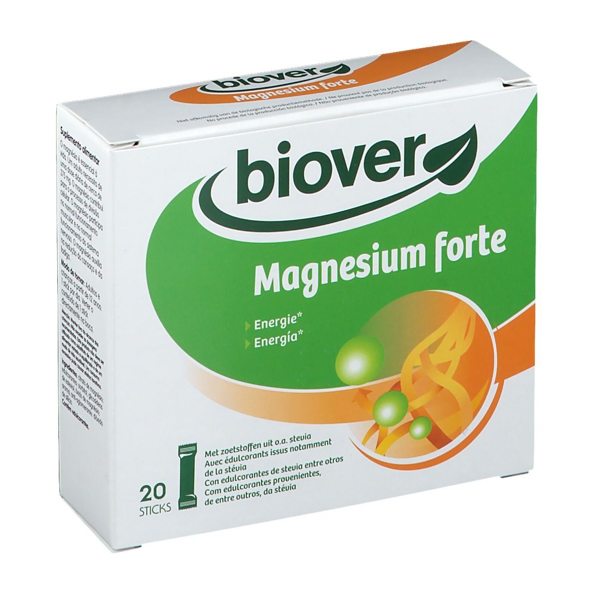 Boîte blanche avec logo vert et texte 'biover Magnesium forte'. Contient 20 sticks. Illustration de sphères vertes et lignes jaunes.