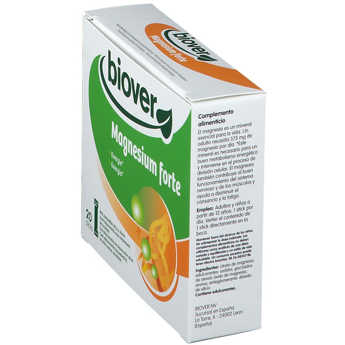 Boîte blanche inclinée avec logo vert et texte 'biover Magnesium forte'. Contient 20 sticks. Texte sur le côté.