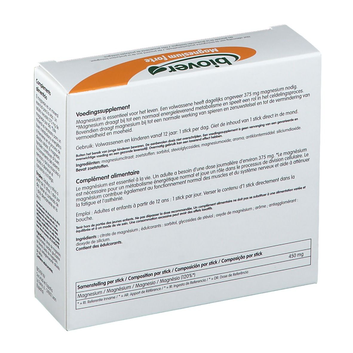 Dos d'une boîte blanche avec texte. Contient des informations sur les ingrédients et l'utilisation. 'biover Magnesium forte'.