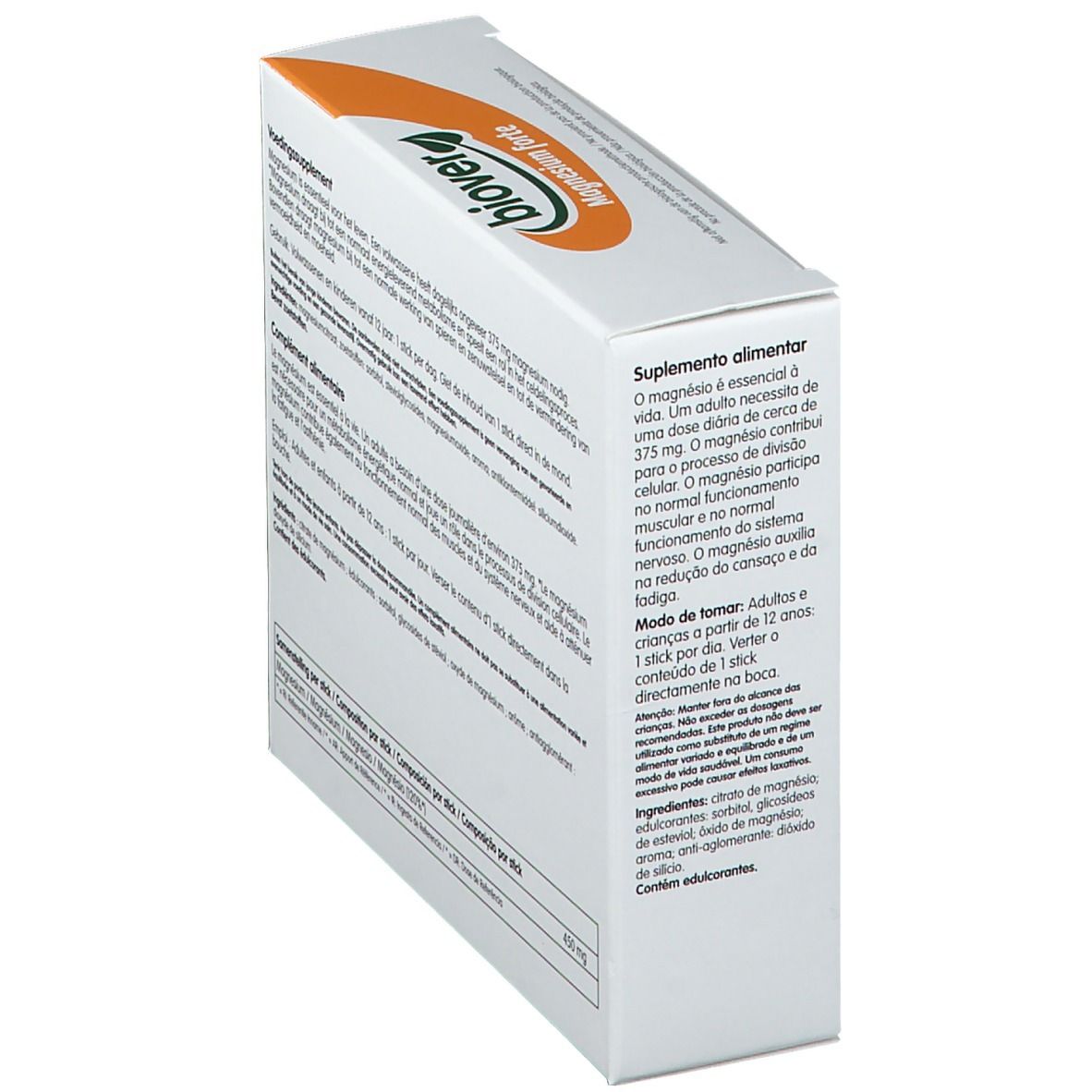 Boîte blanche inclinée avec texte. Contient des informations sur les ingrédients et l'utilisation. 'biover Magnesium forte'.