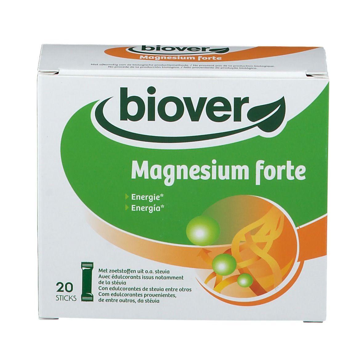 Boîte blanche avec logo vert et texte 'biover Magnesium forte'. Contient 20 sticks. Illustration de sphères vertes et lignes jaunes.