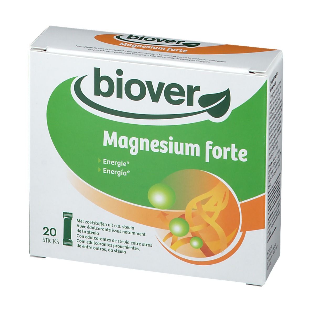Boîte blanche avec logo vert et texte 'biover Magnesium forte'. Contient 20 sticks. Illustration de sphères vertes et lignes jaunes.