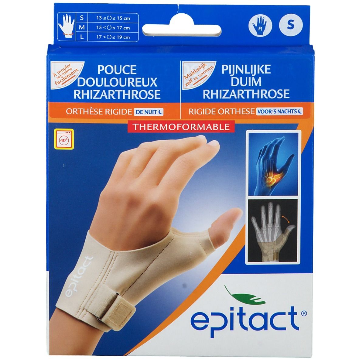 Beige Daumenorthese in Verpackung. Produktname: epitact®. Größenangabe: S. Aufdruck: THERMOFORMABLE.