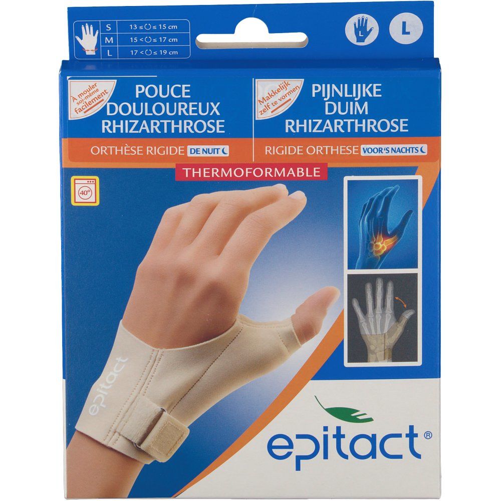 Orthèse de pouce beige taille L dans son emballage. Marque epitact®. Inscription: THERMOFORMABLE, pour rhizarthrose douloureuse.