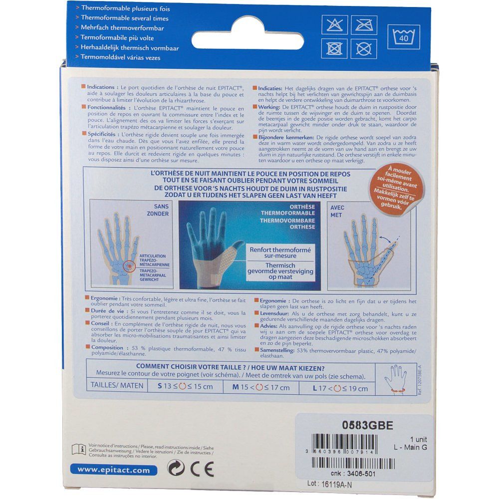 Dos de l'emballage. Marque epitact®. Texte: THERMOFORMABLE, pour rhizarthrose douloureuse. Tailles: S, M, L.