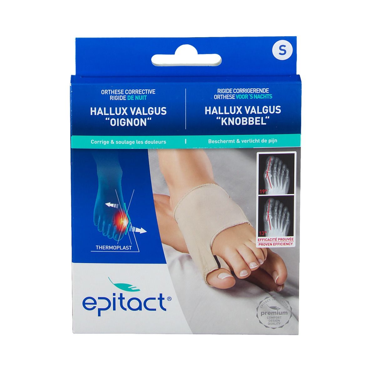 Verpakking van de Epitact correctiespalk. Productafbeelding met voet en spalk. Tekst: Hallux Valgus, Thermoplast, maat S.