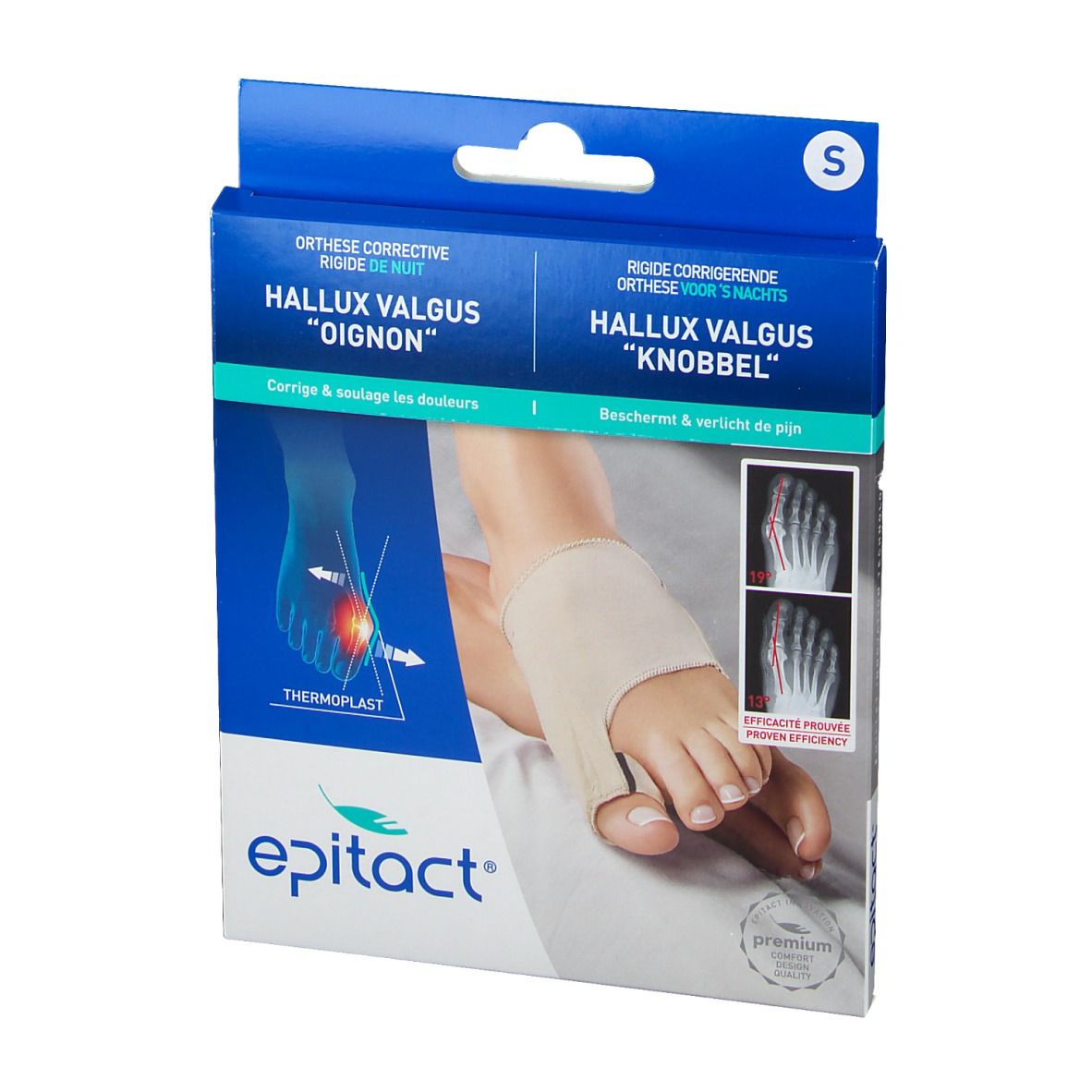 Verpakking van de Epitact correctiespalk. Productafbeelding met voet en spalk. Tekst: Hallux Valgus, Thermoplast, maat S.