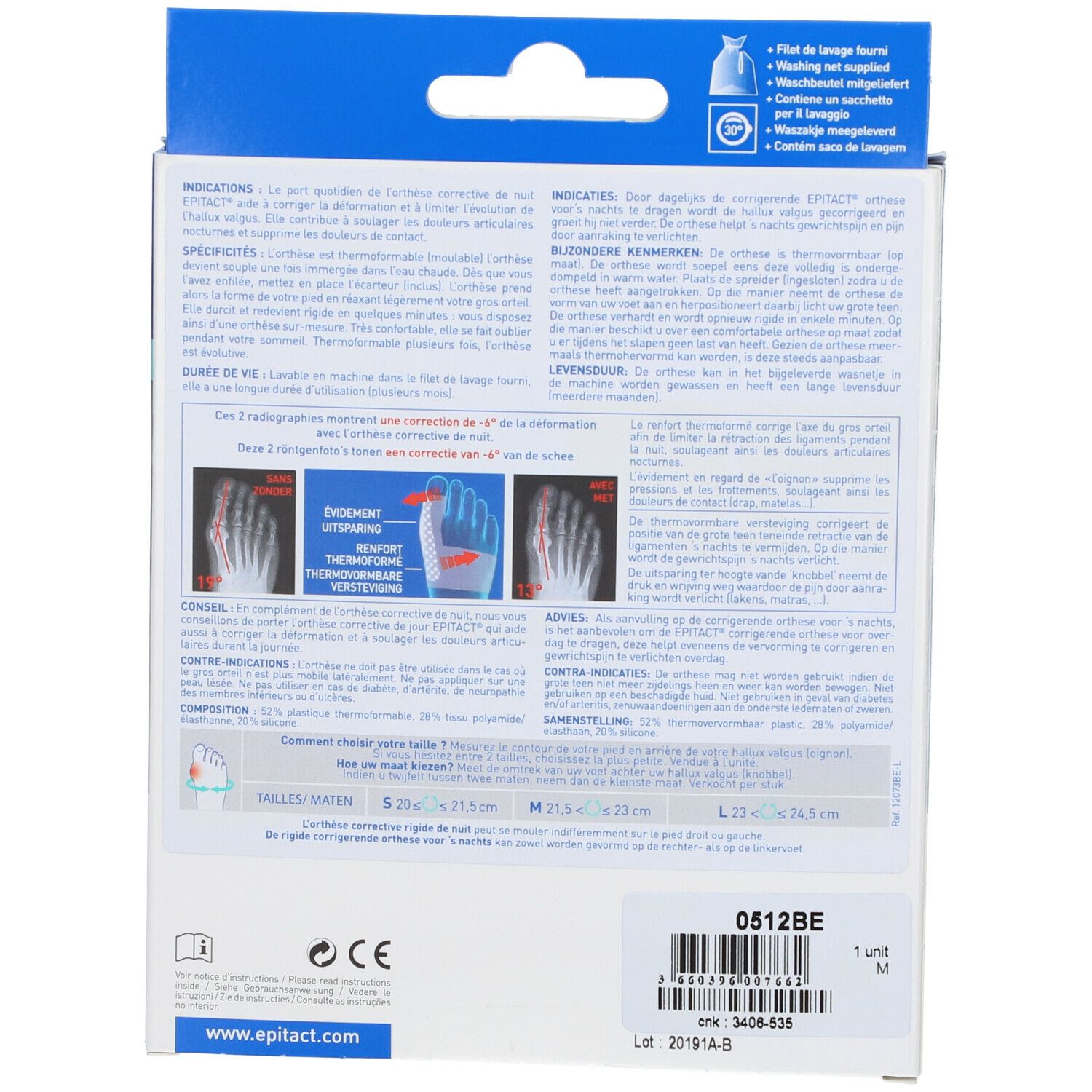 Rückseite der Verpackung. Text und Diagramme. Enthält Informationen zur Anwendung und Größe. Marke: epitact®.