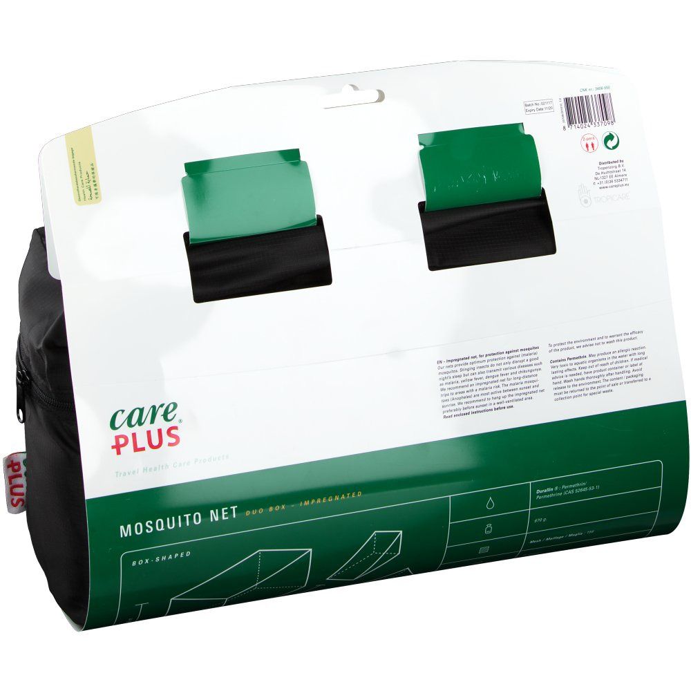 Rückseite der Verpackung. Aufschrift: Care Plus Mosquito Net Duo Box Imprägniert. Informationen und Piktogramme.