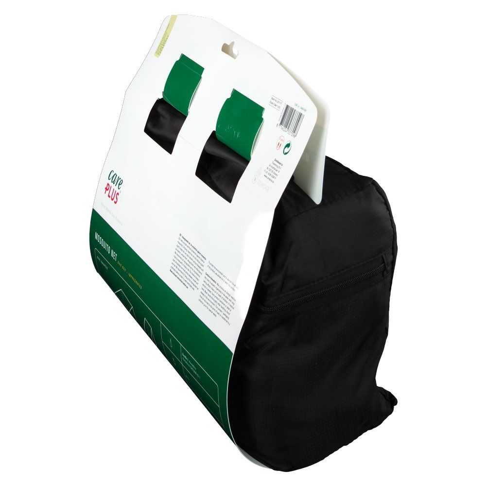 Rückseite der Verpackung. Aufschrift: Care Plus Mosquito Net Duo Box Imprägniert. Informationen und Piktogramme.