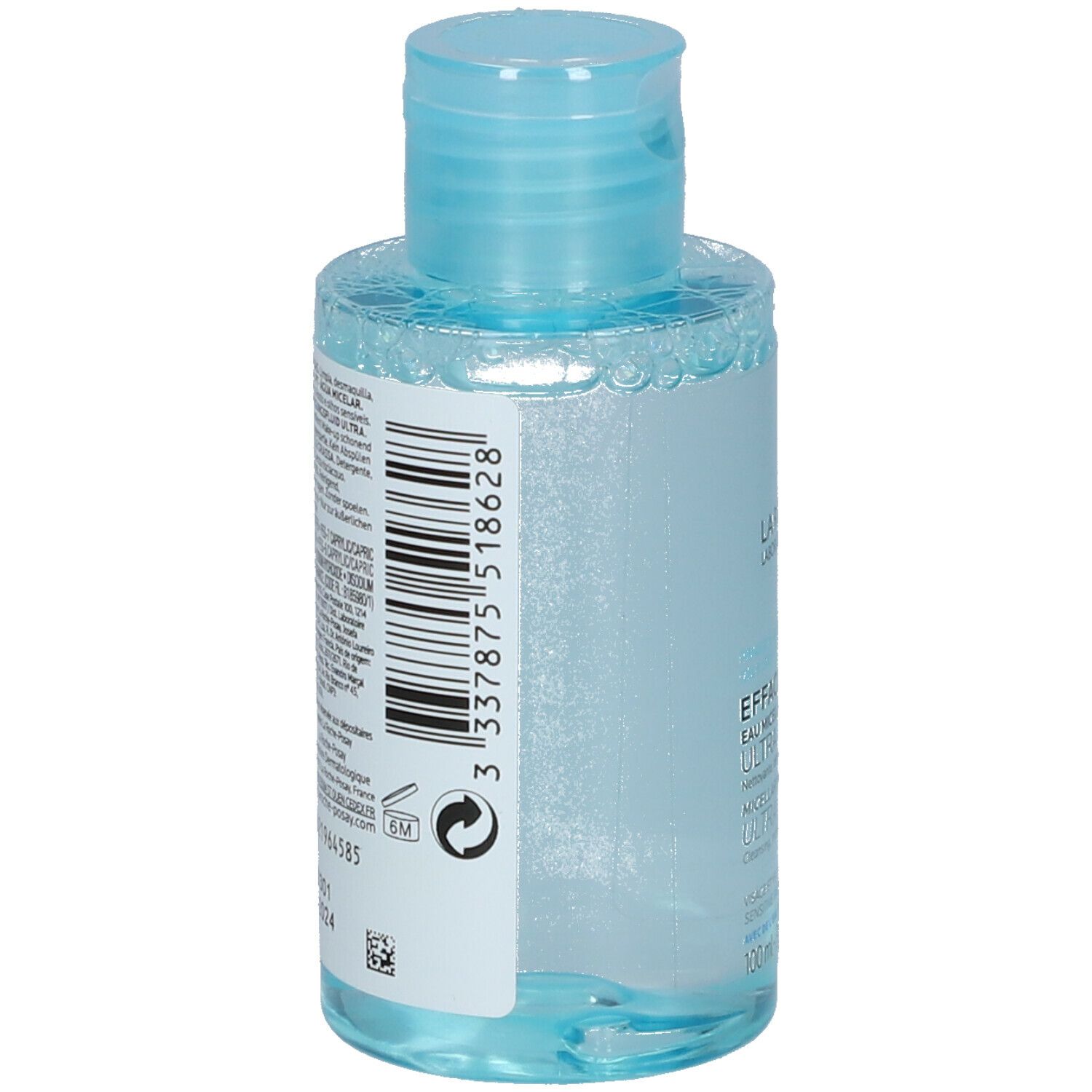 Flacon avec bouchon bleu. Étiquette avec code-barres et texte. LA ROCHE-POSAY EFFACLAR ULTRA Eau Micellaire. 100ml.