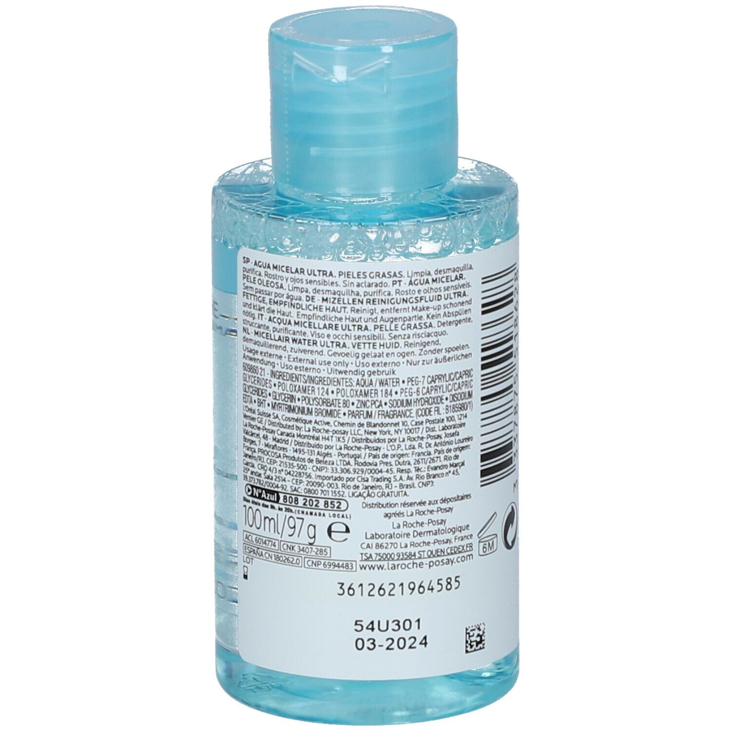 Dos du flacon. Texte multilingue. LA ROCHE-POSAY EFFACLAR ULTRA Eau Micellaire. 100ml/97g. Date de péremption 03-2024.