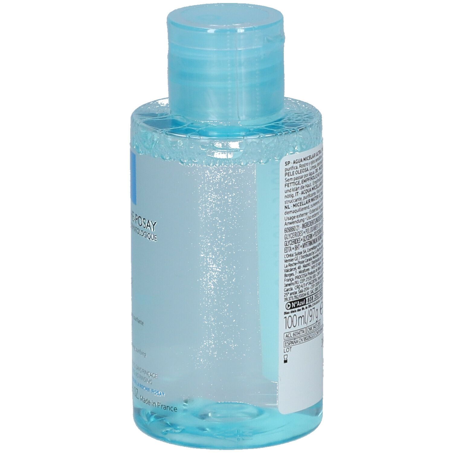 Flacon avec bouchon bleu. Dos avec texte. LA ROCHE-POSAY EFFACLAR ULTRA Eau Micellaire. 100ml/97g. Fabriqué en France.