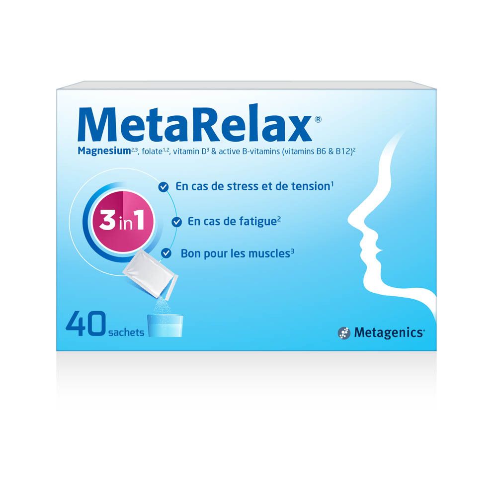Paquet MetaRelax. Formule 3 en 1. 40 sachets. Emballage bleu avec nom du produit.