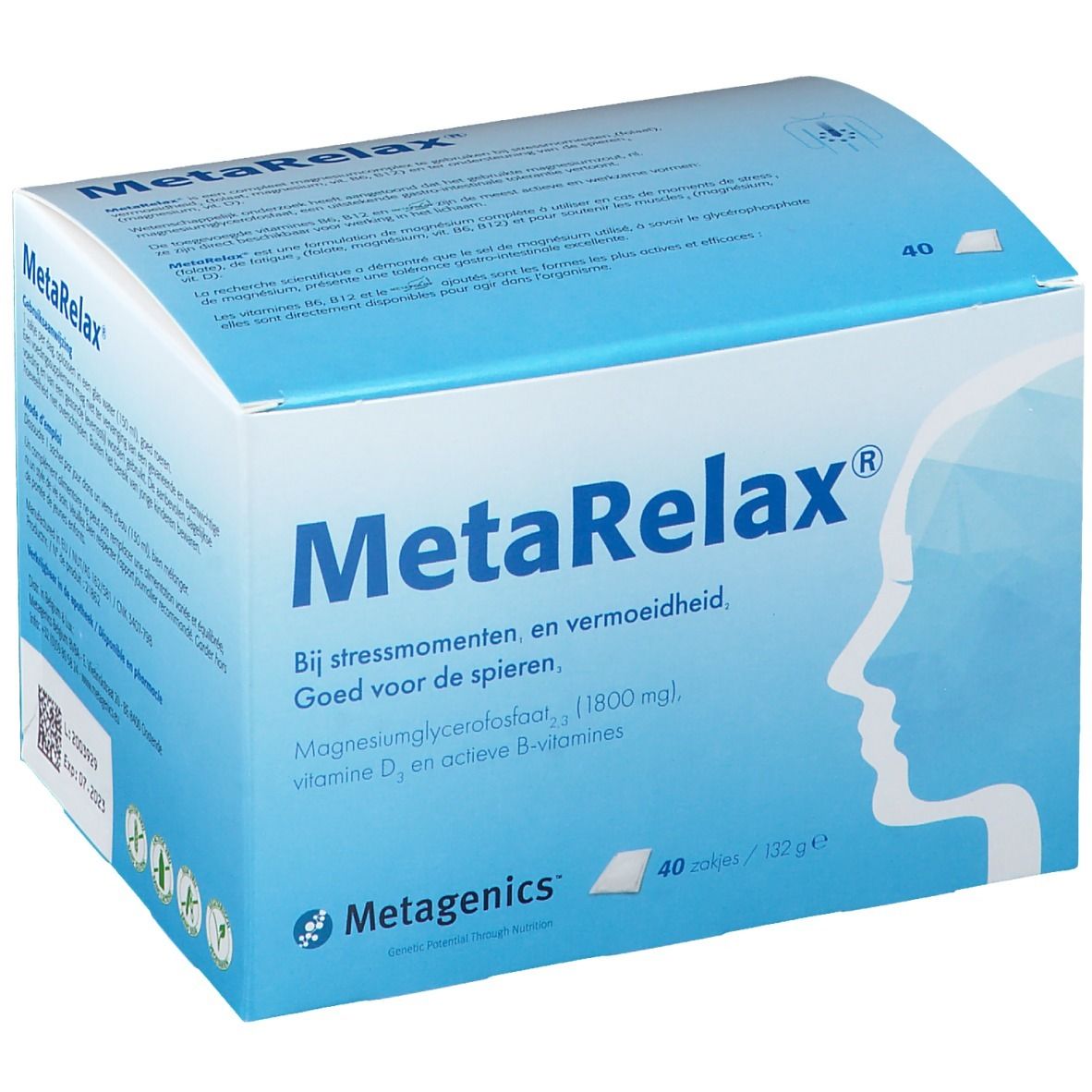 Boîte MetaRelax. Emballage bleu avec nom du produit et informations. 40 sachets.