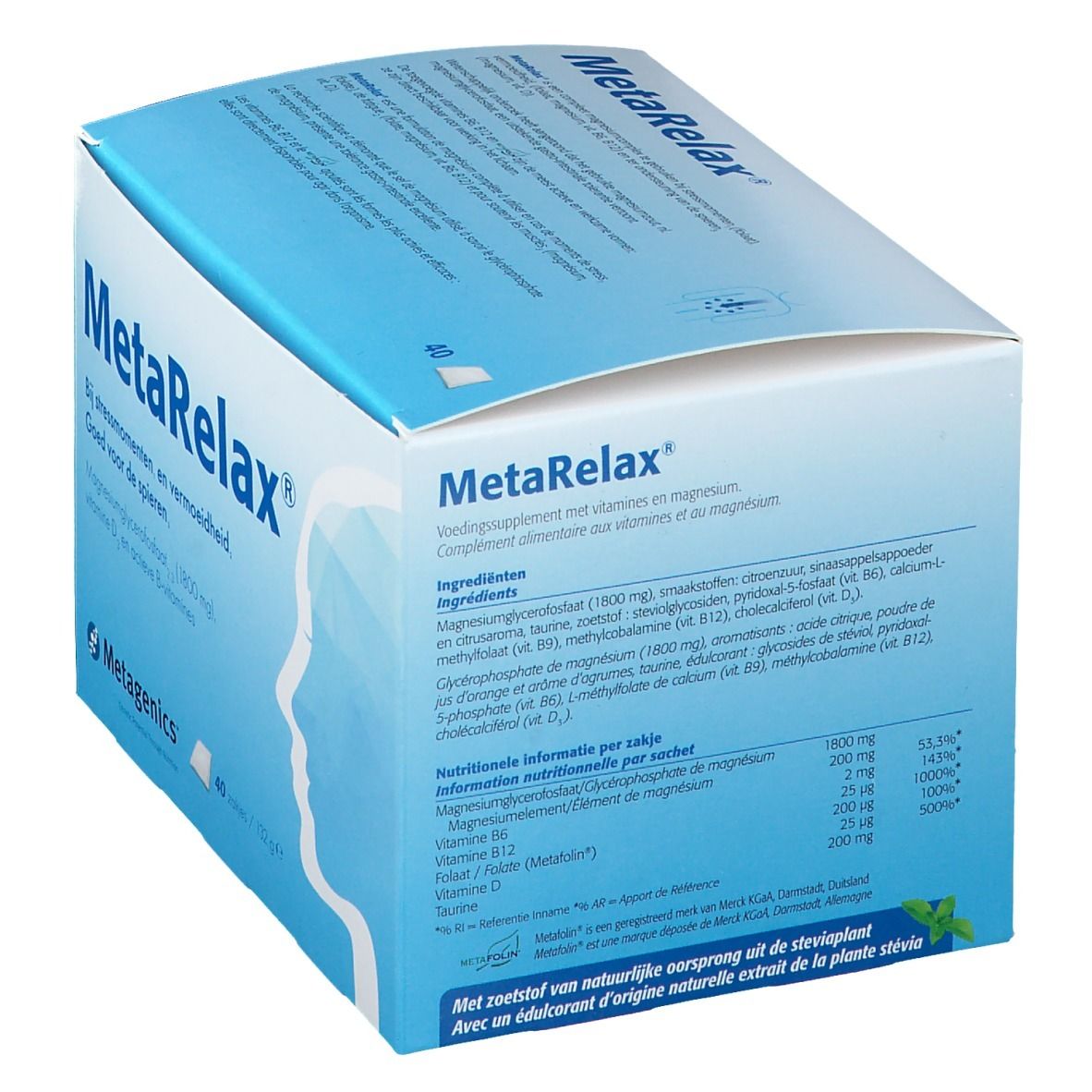 Boîte MetaRelax. Vue arrière avec ingrédients et informations nutritionnelles. Emballage bleu.