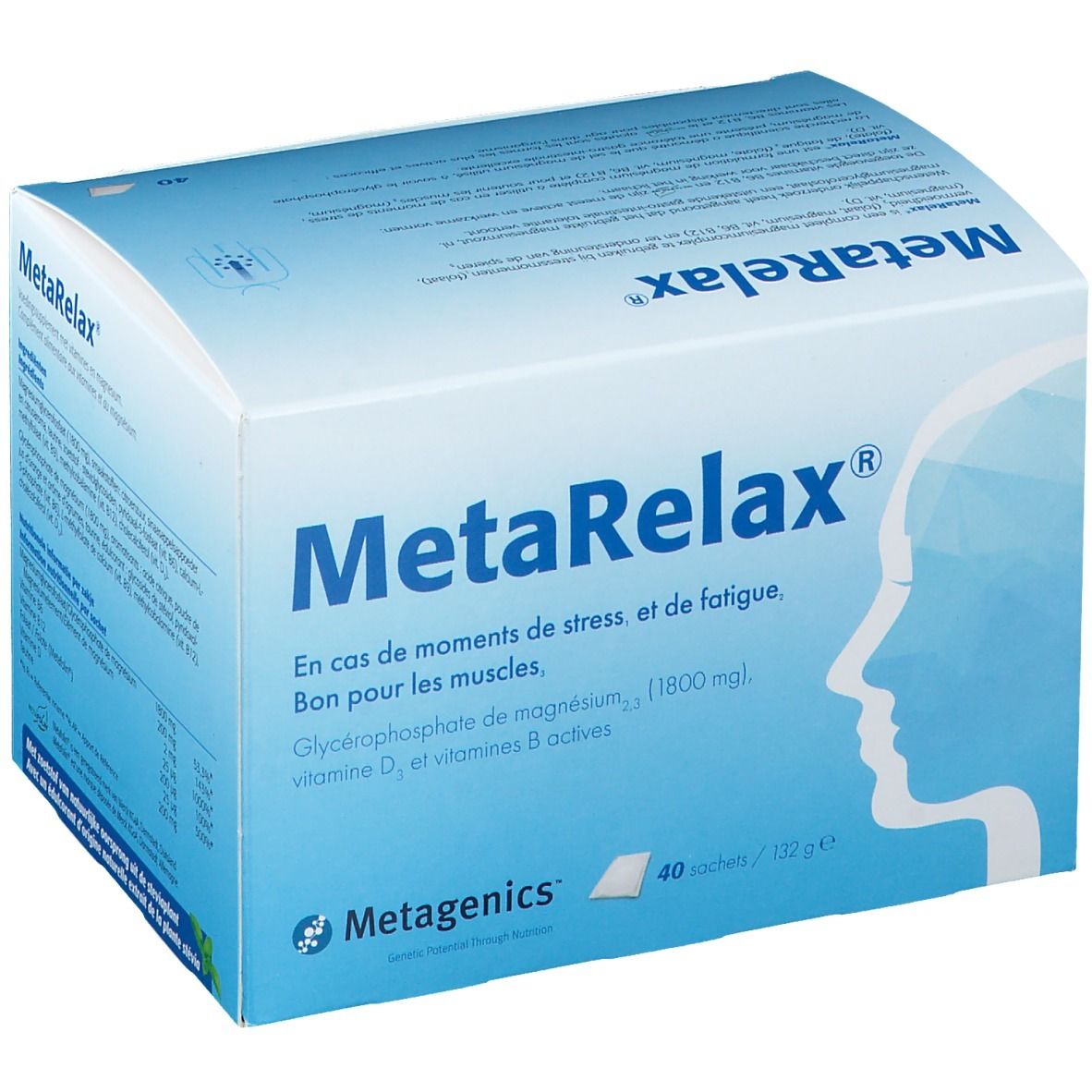 Boîte MetaRelax. Emballage bleu avec nom et informations. 40 sachets.