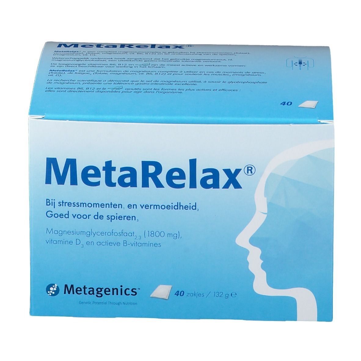 Boîte MetaRelax. Emballage bleu avec nom et informations. 40 sachets.