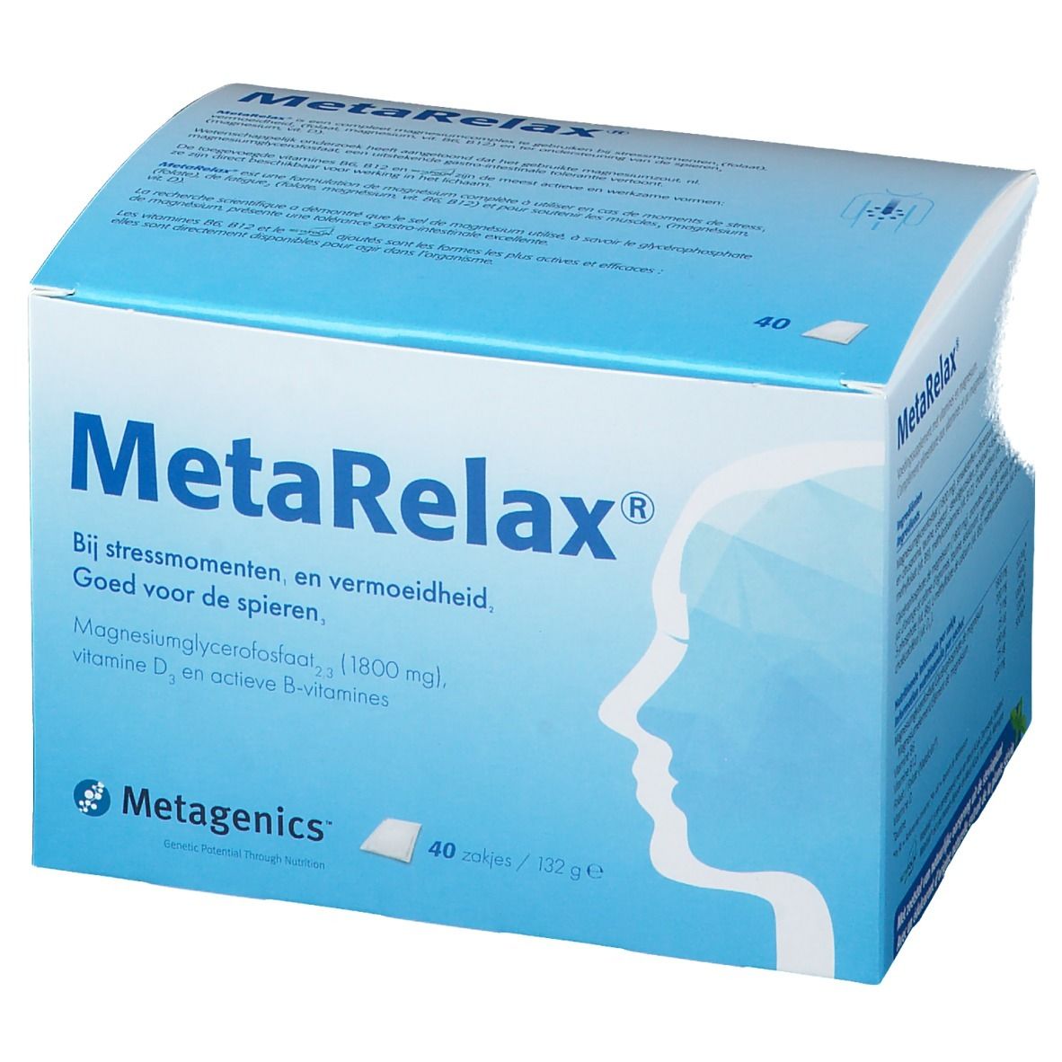Boîte MetaRelax. Emballage bleu avec nom et informations. 40 sachets.