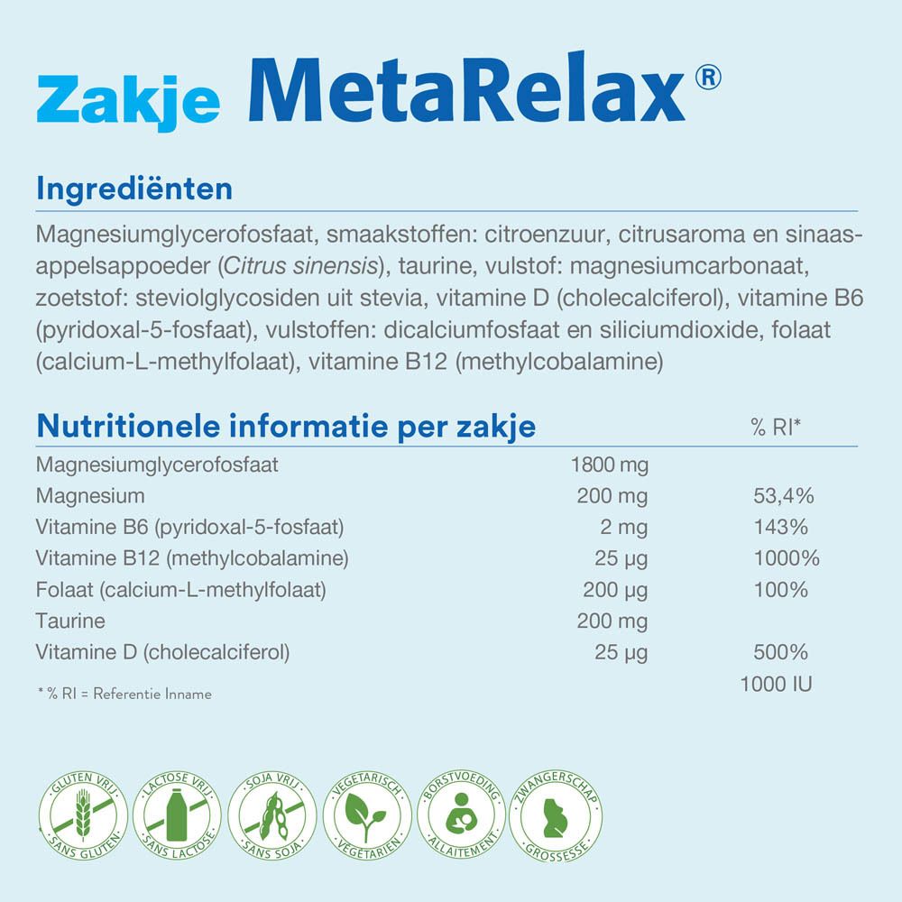 MetaRelax verpakking. Ingrediënten en voedingswaarde. Blauwe verpakking.