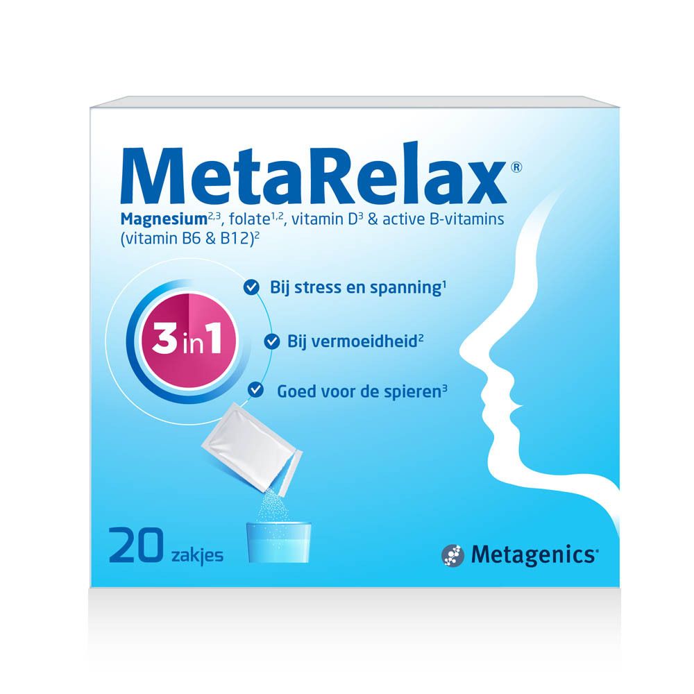 MetaRelax®-verpakking. Blauwe doos met naam en 3-in-1 symbool. 20 zakjes.