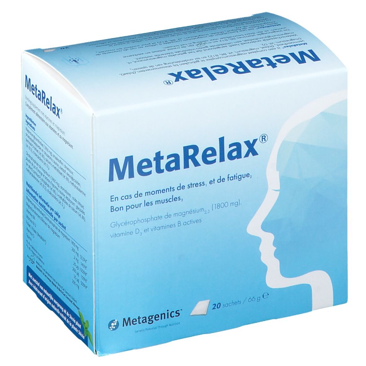MetaRelax®-verpakking. Blauwe doos met productnaam en info. 20 zakjes.