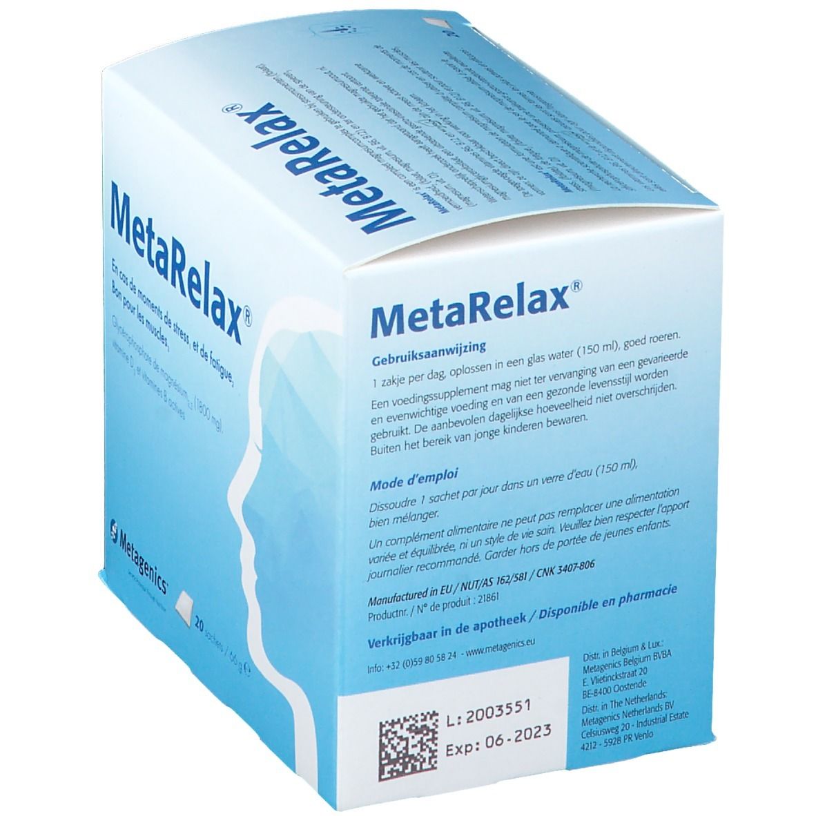 MetaRelax®-verpakking. Achterkant met gebruiksaanwijzing. Tekst in het Nederlands.