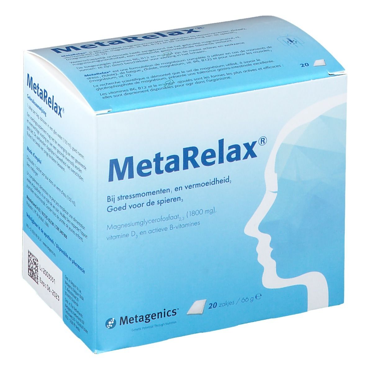 MetaRelax®-verpakking. Blauwe doos met productnaam en info. 20 zakjes.