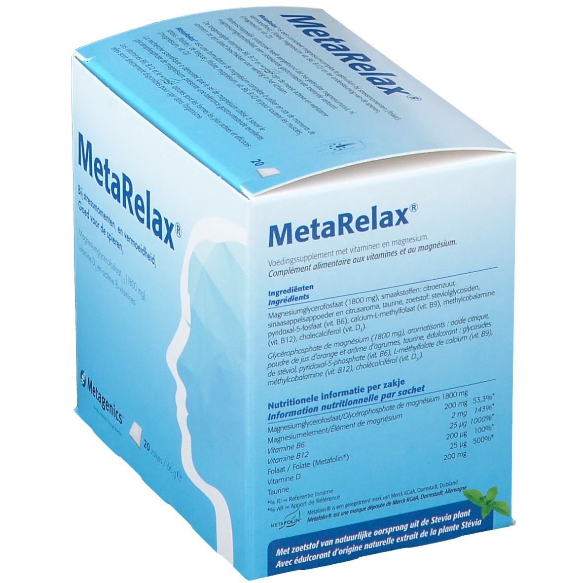 MetaRelax®-verpakking. Ingrediënten en voedingswaarde. Tekst in het Nederlands.