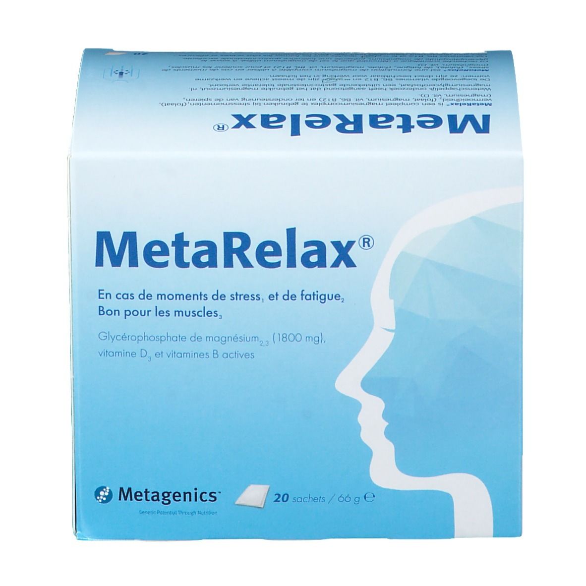 MetaRelax®-verpakking. Blauwe doos met productnaam en info. 20 zakjes.