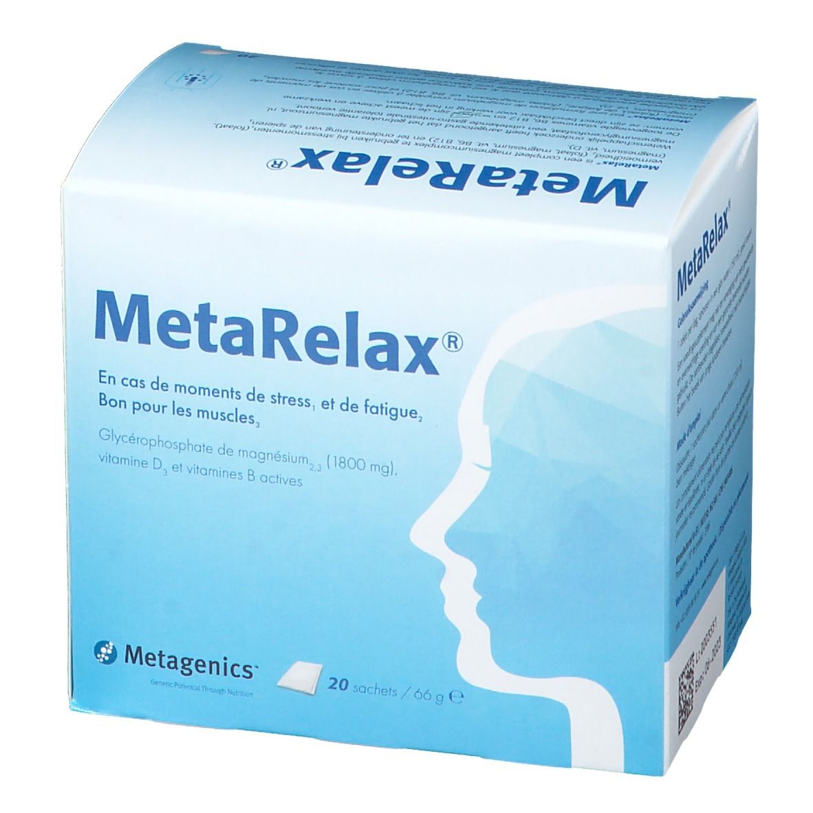 MetaRelax®-verpakking. Blauwe doos met productnaam en info. 20 zakjes.