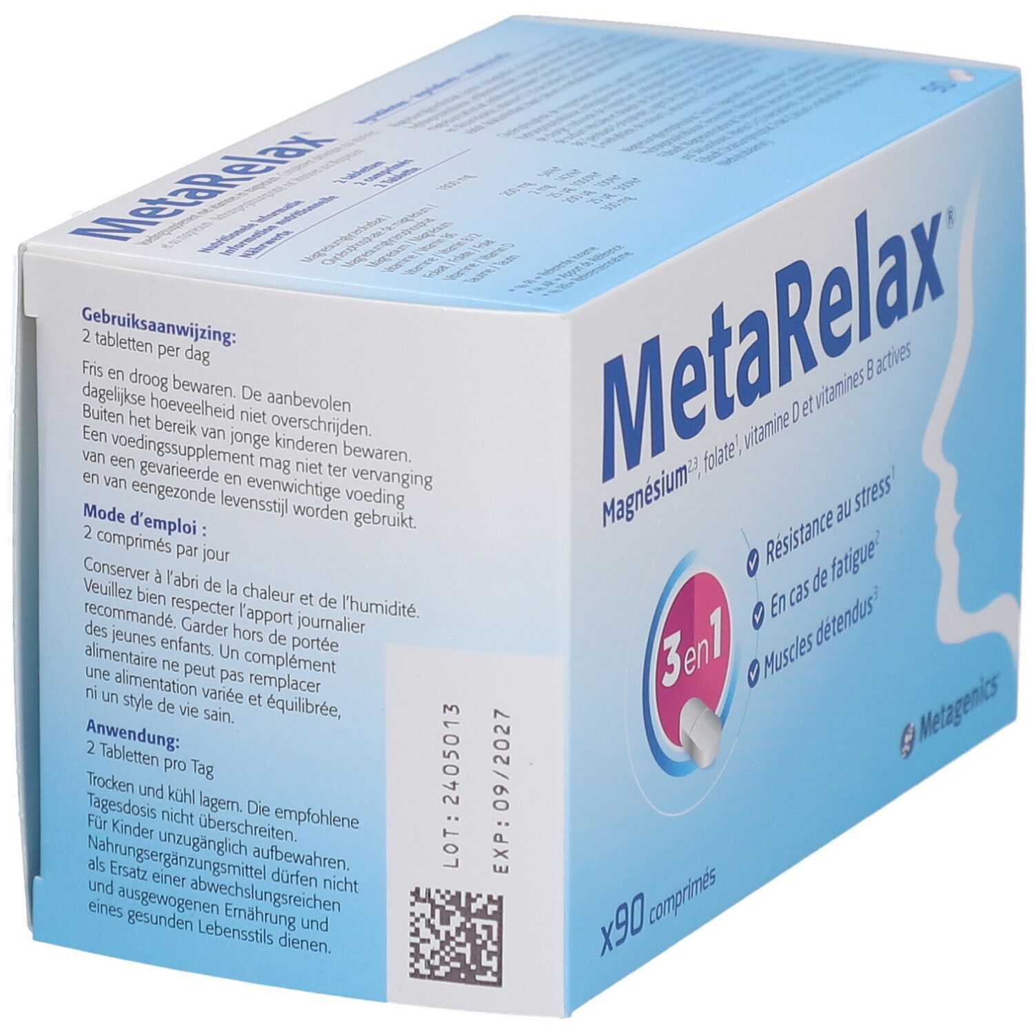 Boîte de MetaRelax. Contient 90 comprimés. Emballage bleu avec nom et ingrédients du produit.