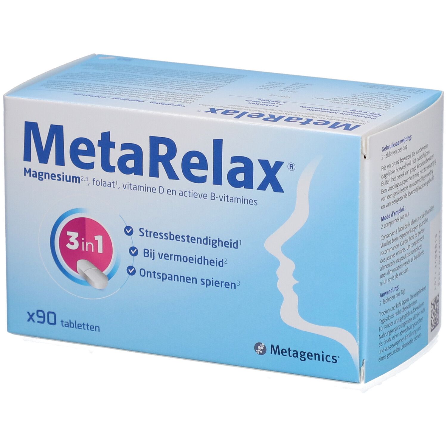 Boîte de MetaRelax. Contient 90 comprimés. Emballage bleu avec nom et ingrédients du produit.