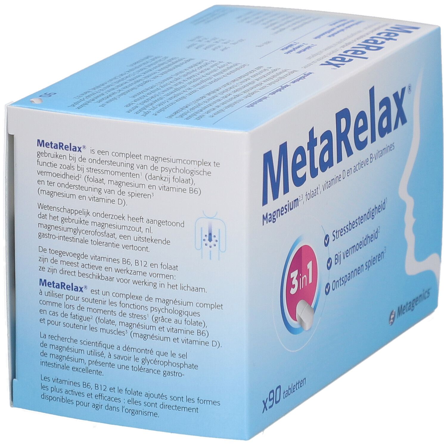 Boîte de MetaRelax. Contient 90 comprimés. Emballage bleu avec nom et ingrédients du produit.
